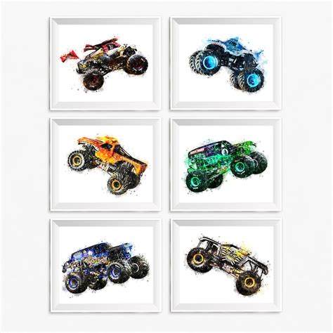 Set of 6 Monster Trucks Art Print Wall Decor Gift Monster - Etsy