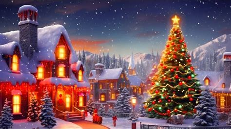 a christmas tree in front of a lit up house with snow on the ground and ...