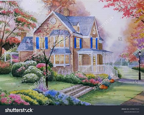 Hand Drawn Watercolor Painting Country House Stock Illustration ...