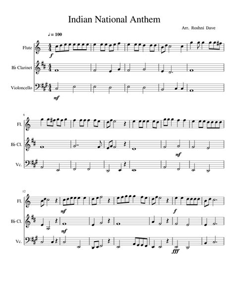 Indian National Anthem Sheet music for Flute, Clarinet (In B Flat), Cello (Mixed Trio ...