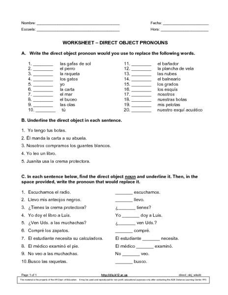 Spanish Direct Object Pronouns Worksheets