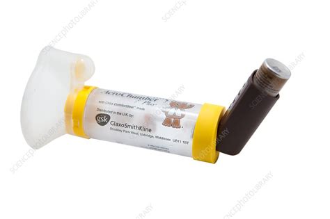 Asthma inhaler and spacer - Stock Image - C033/6270 - Science Photo Library