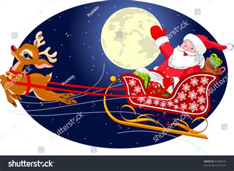 Cartoon Illustration Of Santa Claus Flying His Sleigh Through The Night Sky. Layered File For ...