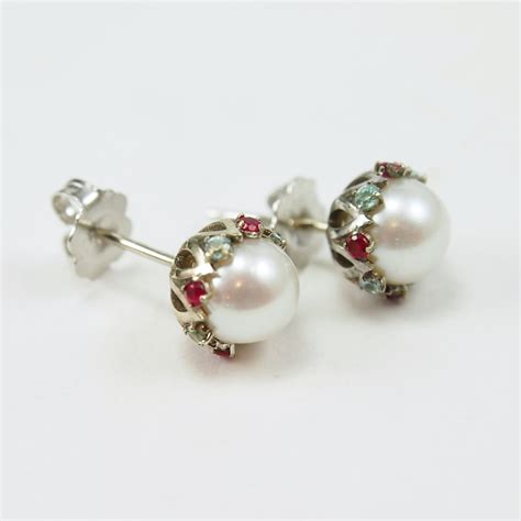 White Gold Pearl Earrings with Rubies and Zircons - The Antiquarian