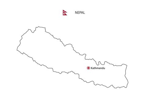 Hand draw thin black line vector of Nepal Map with capital city Kathmandu on white background ...