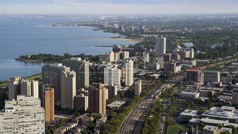 Hyde Park apartment buildings overlooking Lake Michigan, Chicago, Illinois Aerial Stock Photo ...