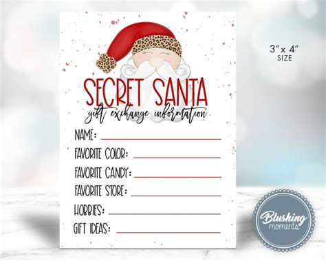 SECRET SANTA Gift Exchange Cards Printable-christmas Gift Wish List secret Santa Exchange Forms ...