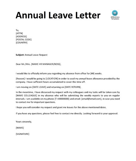 Kostenloses Annual Leave Letter