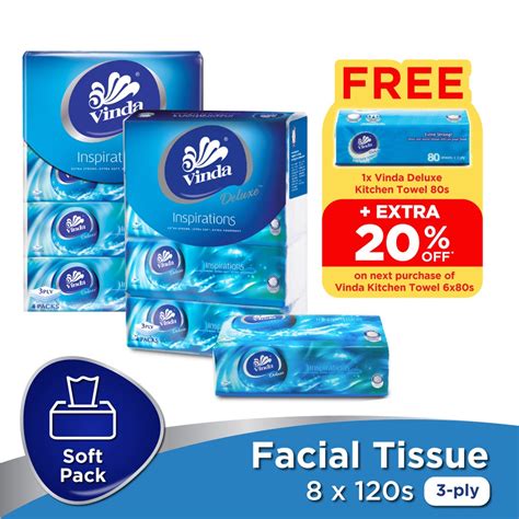 Vinda Deluxe Soft Pack Facial Tissue - Large (120's x 8) FOC Vinda Deluxe Kitchen Towel 80s ...