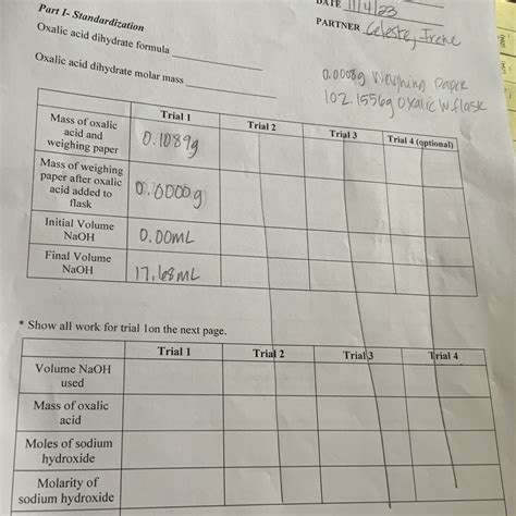 SOLVED: Part I-Standardization Oxalic acid dihydrate formula PARTNER ...