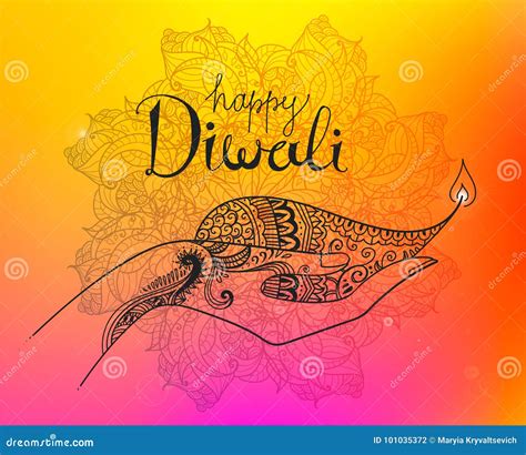 Vector Diwali Hand Drawn Illustration. Line Art Decorated Colorful ...