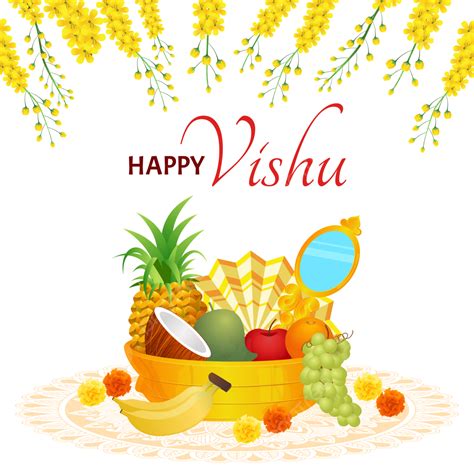 Feliz Festival De Vishu Kerala Con Kani Flor Frutas Y Verduras En Un ...