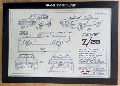 1969 Camaro Z28 blueprint Drawing Unframed Color Poster Print - Etsy