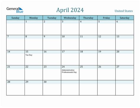 April 2024 United States Monthly Calendar with Holidays