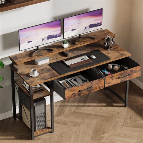 Computer Desk with Drawers and Storage Shelves, 48 inch Home Office Desk with Monitor Stand ...