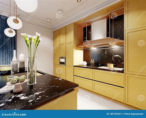 Fashionable and Modern Kitchen in Yellow with a Kitchen Island and Bar Stools. Inter in Blue and ...