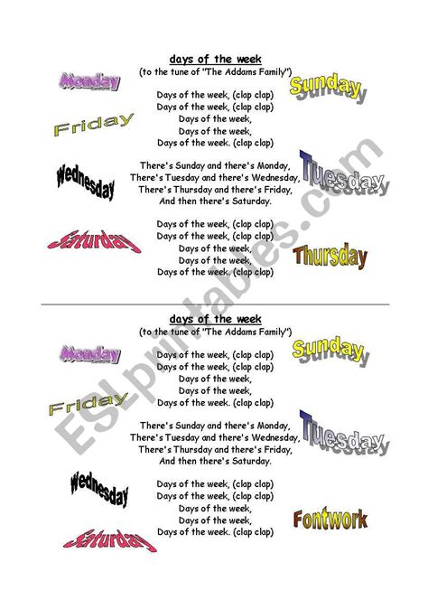 DAYS OF THE WEEK SONG - ESL worksheet by millmo