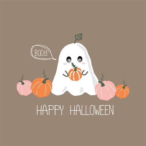 Cute ghost spirit holding little pumpkin. Happy Halloween with scary ...