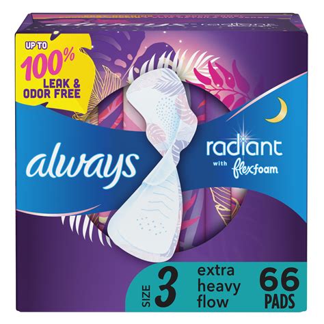 Always Radiant Feminine Pads for Women, Size 3, Extra Heavy Flow, with Wings, Scented, 66 Ct ...