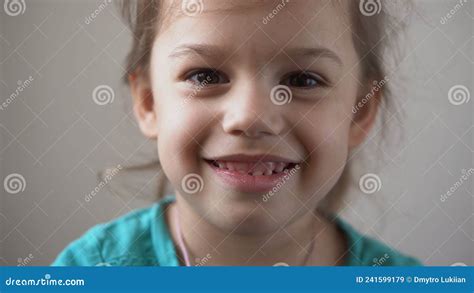 Portrait Funny Happy Little Kid Close Up Happy Preschool Girl Smiling Child Looking at Camera ...