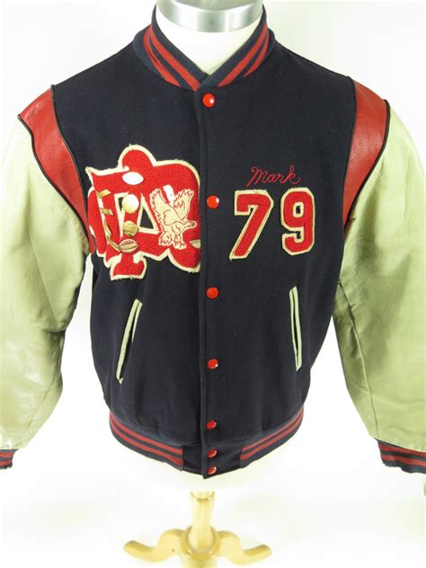 Vintage 70s varsity football high school Letterman jacket with a wool body and leather sleeves ...