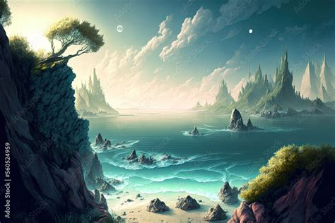 Fantasy Digital Art Landscape Illustration Wallpaper with Sea Scenery ...