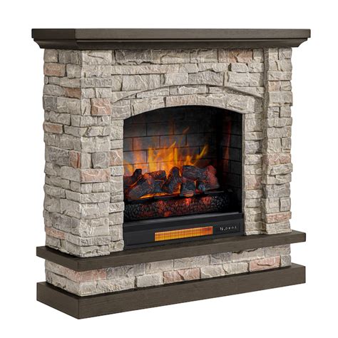 Allen + Roth Electric Fireplace with Stacked Faux Sandstone and Coffee Oak Top and Base 23-in ...