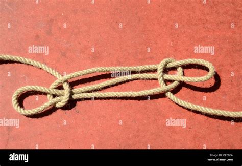 Sheepshank knot on a hemp rope, this knot is ususlly used to shorten a ...