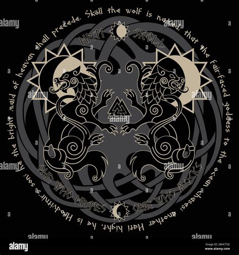 Two wolves from Norse mythology, Hati and Skoll devour the Sun and the Moon Stock Vector Image ...