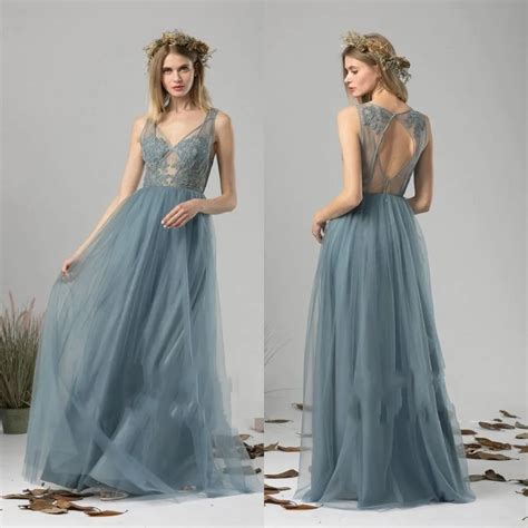 Pretty Dusty Blue Lace Long Formal Dresses For Elegant Bridesmaid Appliques A line Tulle Prom ...