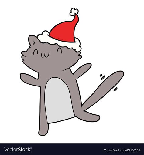 Line drawing of a dancing cat wearing santa hat Vector Image