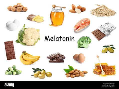 Different foods rich in melatonin that can help you sleep. Different tasty products on white ...