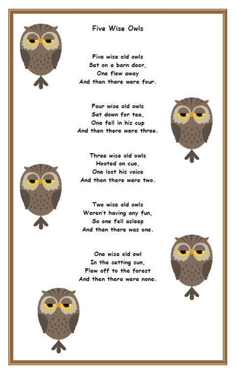 Five Wise Owls Pre-Schooler Rhyme Owl Preschool, Preschool Poems ...