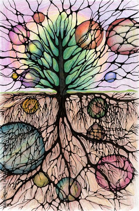 Tree of life, neuro art graphic concept, abstract pencil drawing, art therapy of brain task ...