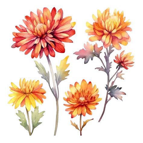 watercolour mums flowers, clipart, autumn colours, white background ...