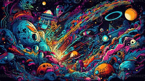 , Psychedelic Space banner template, nostalgic 80s, 90s background ...