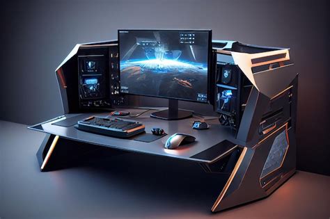 Premium AI Image | Gaming desk with sleek hightech computer and accessories in futuristic setting