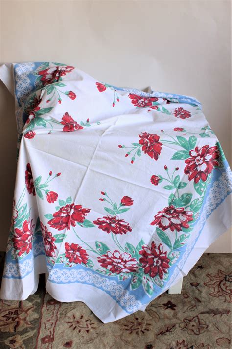 Vintage 1940s, 1950s Tablecloth with red flowers and blue borders - Toadstool Farm Vintage