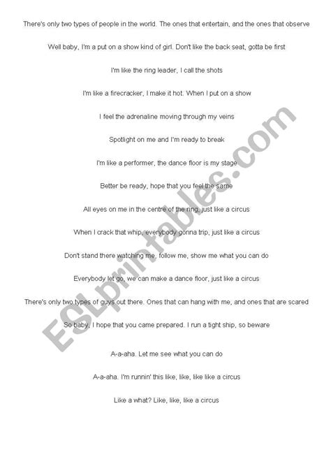 English worksheets: Circus lyrics- Britney Spears