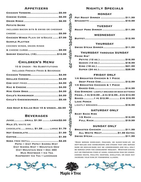 Menu of Maple Tree Restaurant in McFarland, WI 53558