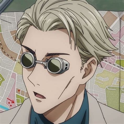 an anime character with white hair and round glasses looking at something in front of him