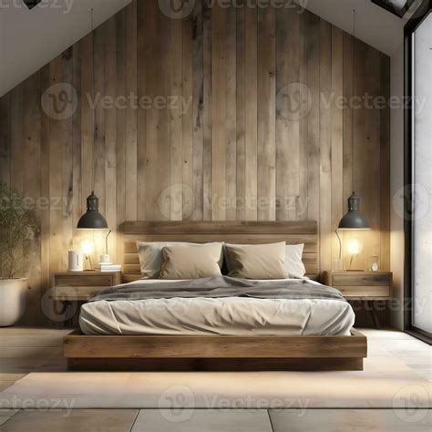 Interior design of modern bedroom with wooden bed against reclaimed ...