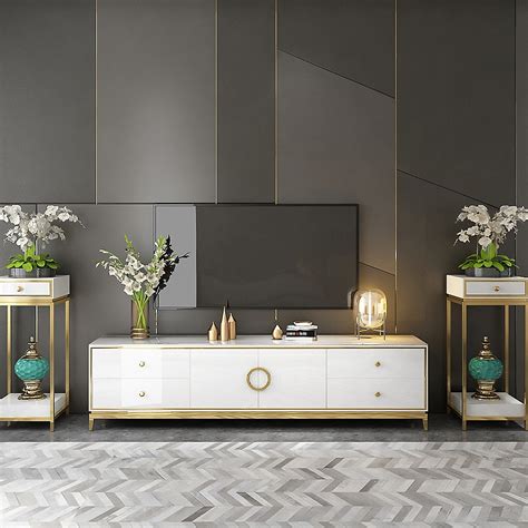 Tile Modern White TV Stand with Drawers & Doors Gold Media Console for ...