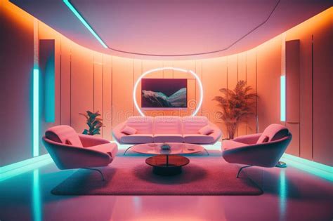 A Architectural View To Comfortable Futiristic Living Room with Synthwave Colors Lighting. AI ...