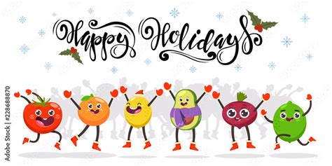 Cute jumping fruits and vegetables kids. Happy holidays hand drawn text. Vector cartoon funny ...