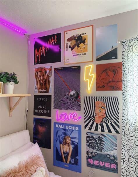 Poster wall neon sign room inspo | Dorm room wall decor, Dorm room walls, Teen bedroom decor