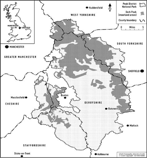 Map of Peak District National Park showing the Dark Peak area (shaded ...