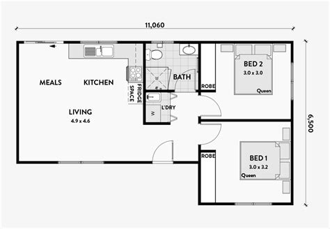 2 Bedroom House Plans, Cottage Floor Plans, Cottage Plan, L Shaped Tiny ...