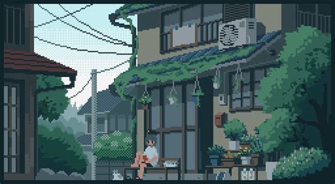 the pixel art shows a person sitting on a bench in front of a house