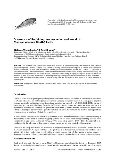 (PDF) Occurence of Raphidioptera larvae in dead wood of Quercus petraea (Matt.) Liebl.